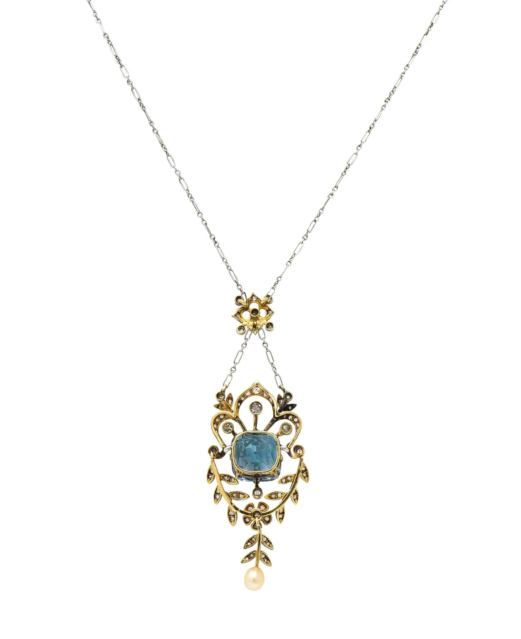 Edwardian 6.00 CTW Aquamarine Diamond Pearl Platinum 18 Karat Gold Antique Lavalier Necklace