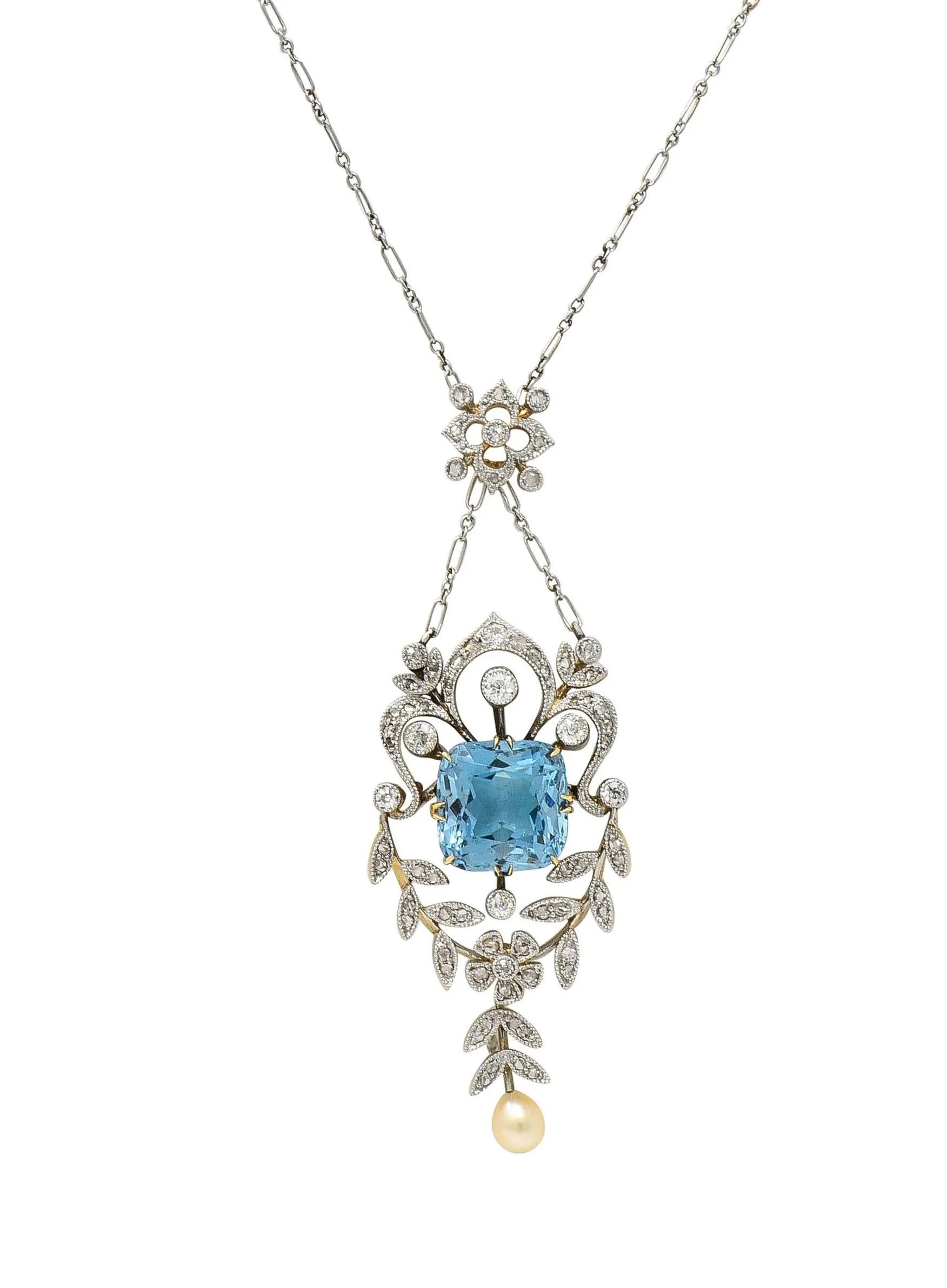Edwardian 6.00 CTW Aquamarine Diamond Pearl Platinum 18 Karat Gold Antique Lavalier Necklace