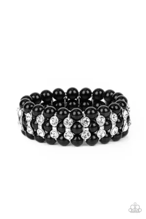 Eiffel Tower Elegance - Black - White Rhinestone Bead Paparazzi Stretchy Bracelet