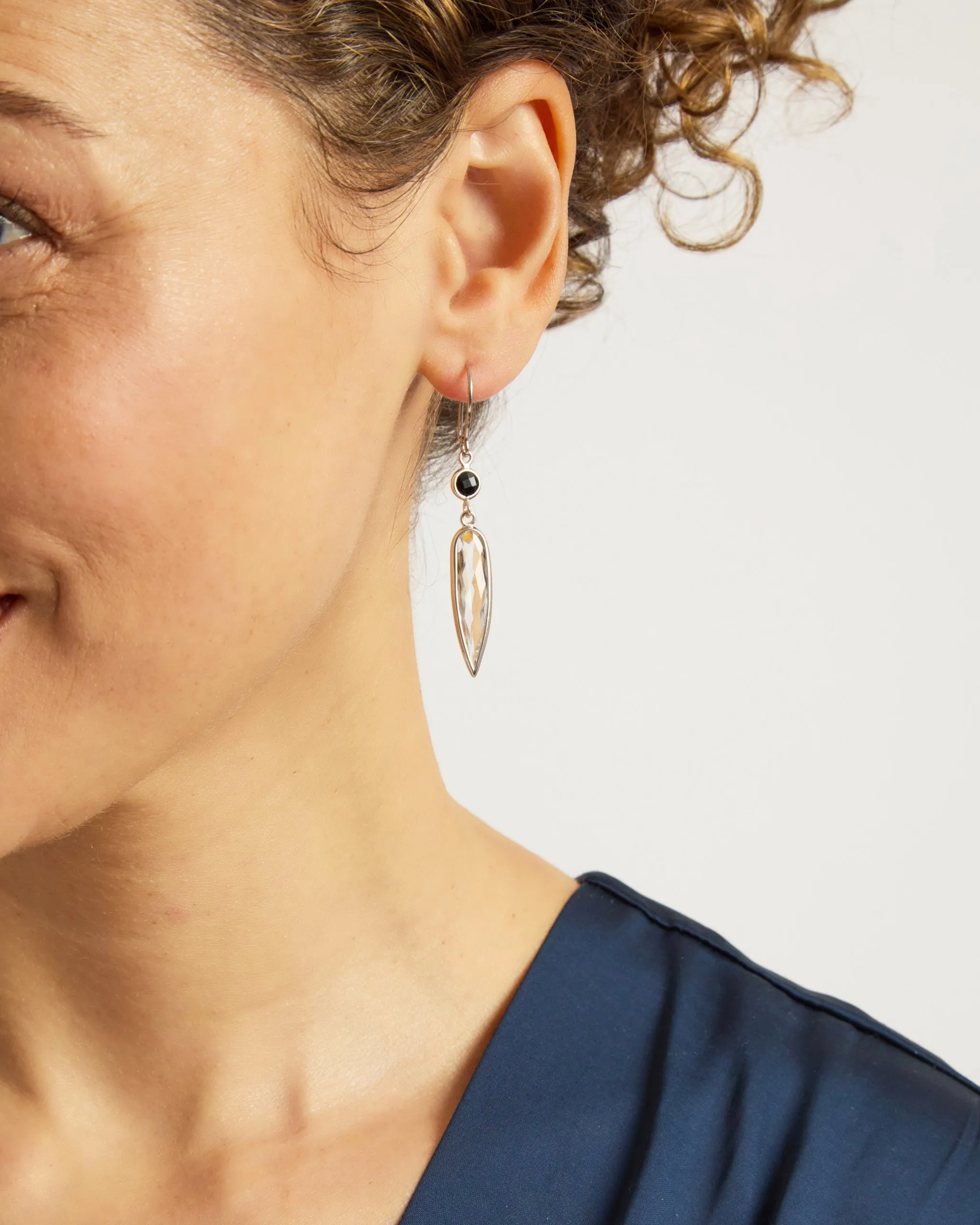 Ellipse Stone Drop Earrings - White Topaz/Black Onyx