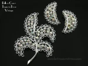 Emmons Brooch & Earrings Set Shimmering Lace Vintage 1960s