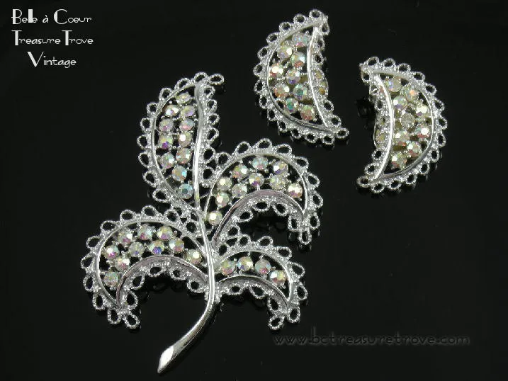 Emmons Brooch & Earrings Set Shimmering Lace Vintage 1960s