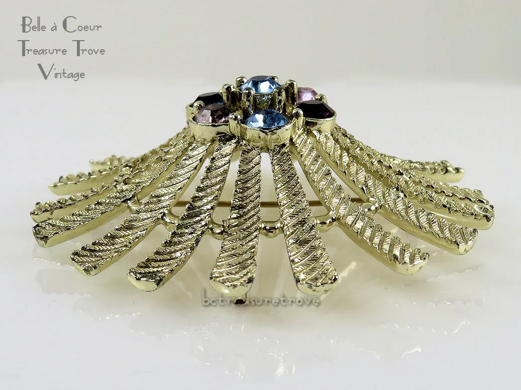 Emmons Kismet Huge Brooch Pin Vintage Atomic Gold Tone & Pastel Stones 1960s