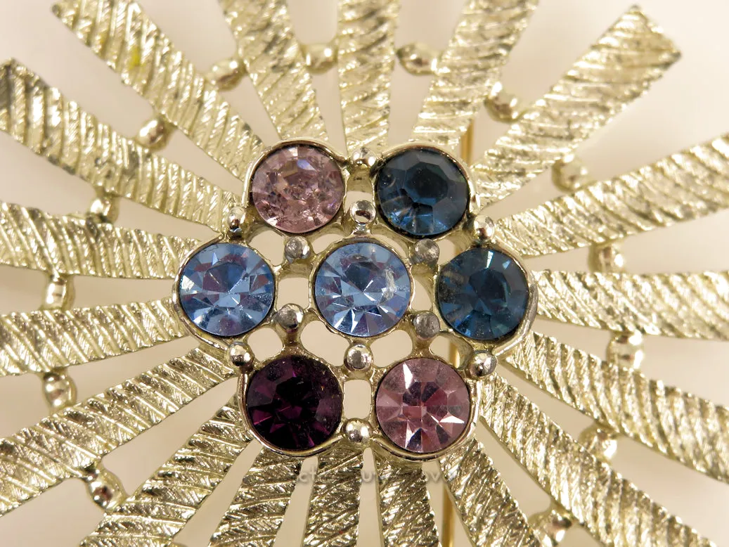 Emmons Kismet Huge Brooch Pin Vintage Atomic Gold Tone & Pastel Stones 1960s