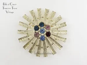 Emmons Kismet Huge Brooch Pin Vintage Atomic Gold Tone & Pastel Stones 1960s