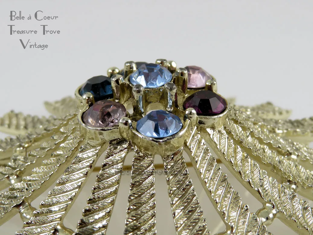 Emmons Kismet Huge Brooch Pin Vintage Atomic Gold Tone & Pastel Stones 1960s