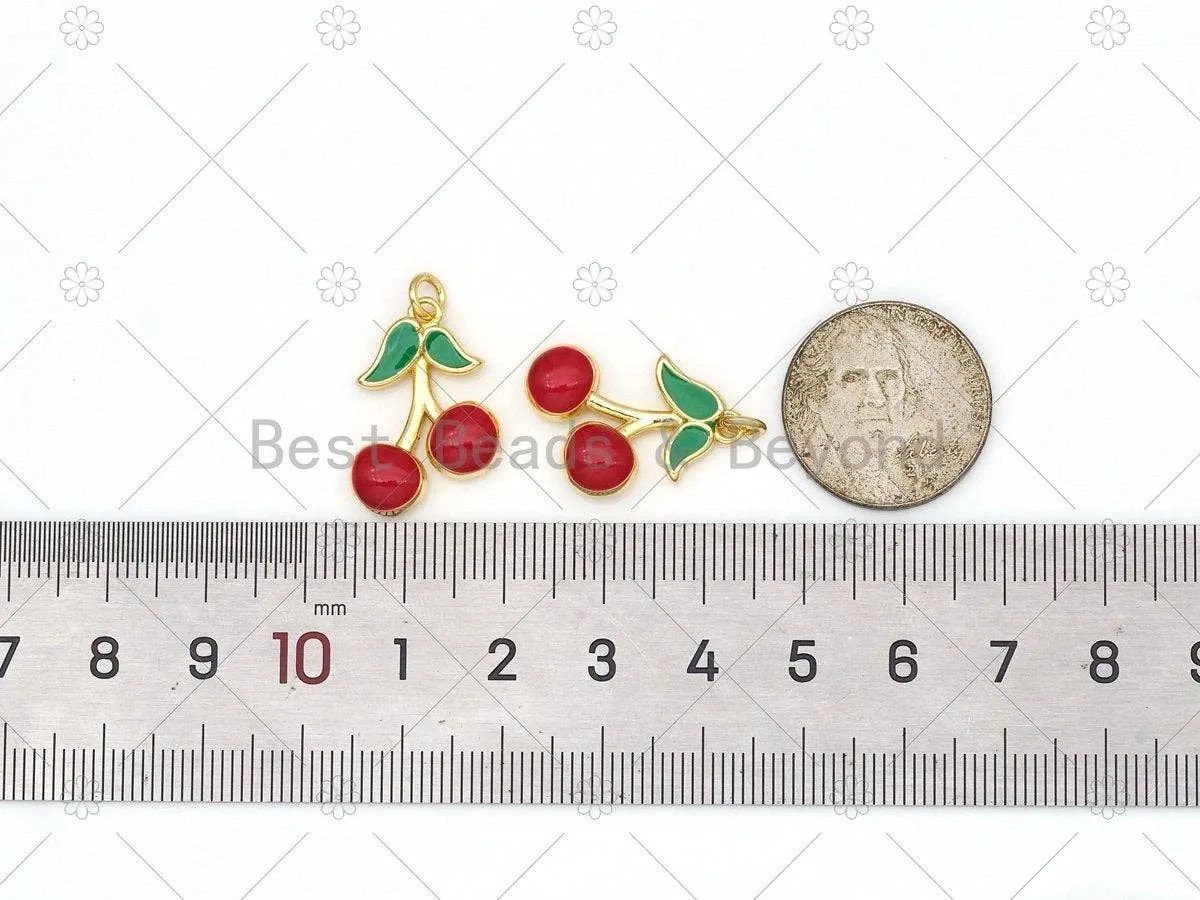 Enamel Red Cherry Shape with Green Leaf Pendant, 18K Gold Fi