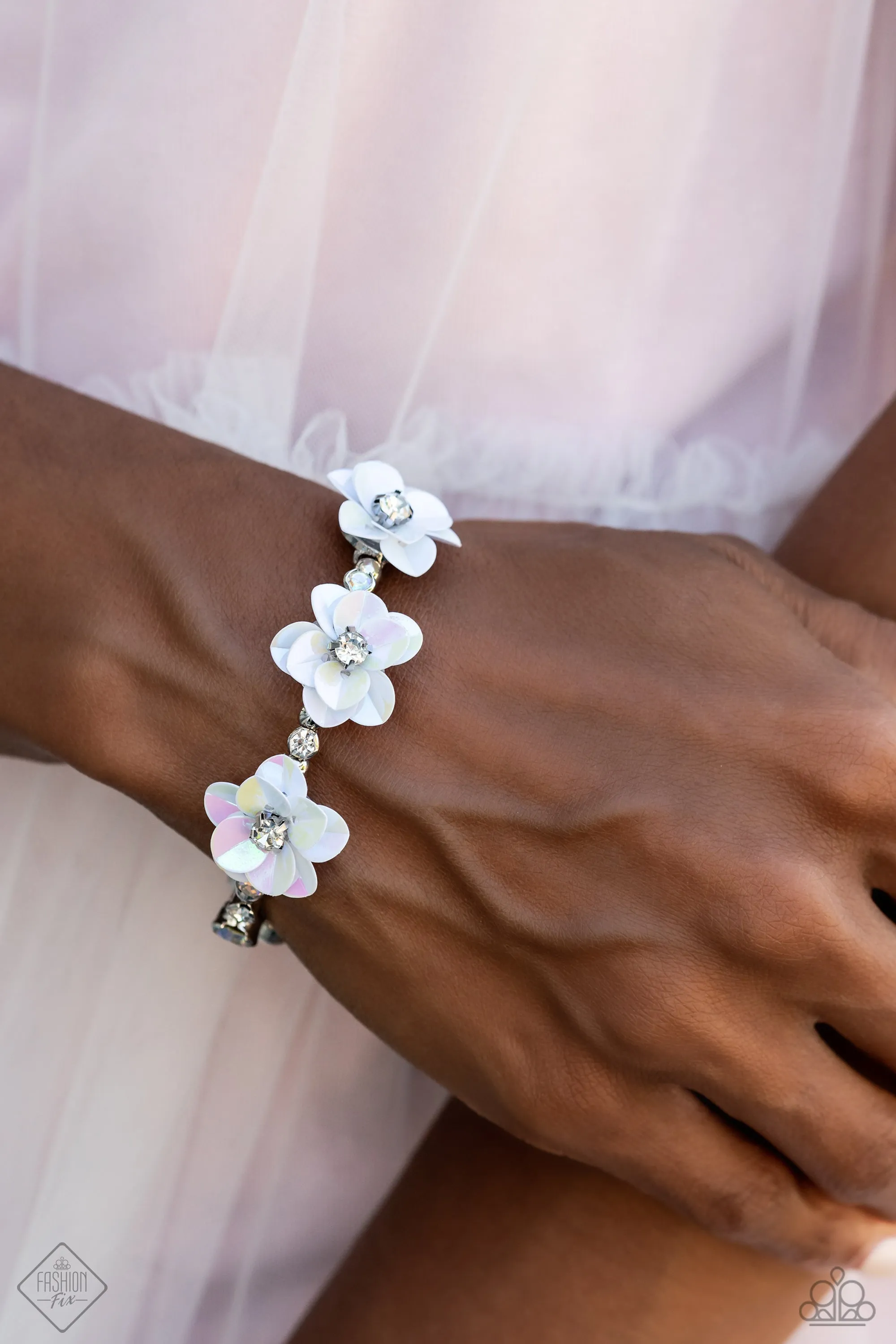 Endlessly Ethereal - Multi - Iridescent Sequin Rhinestone Center Flower Paparazzi Coil Bracelet - September 2023 Glimpses of Malibu
