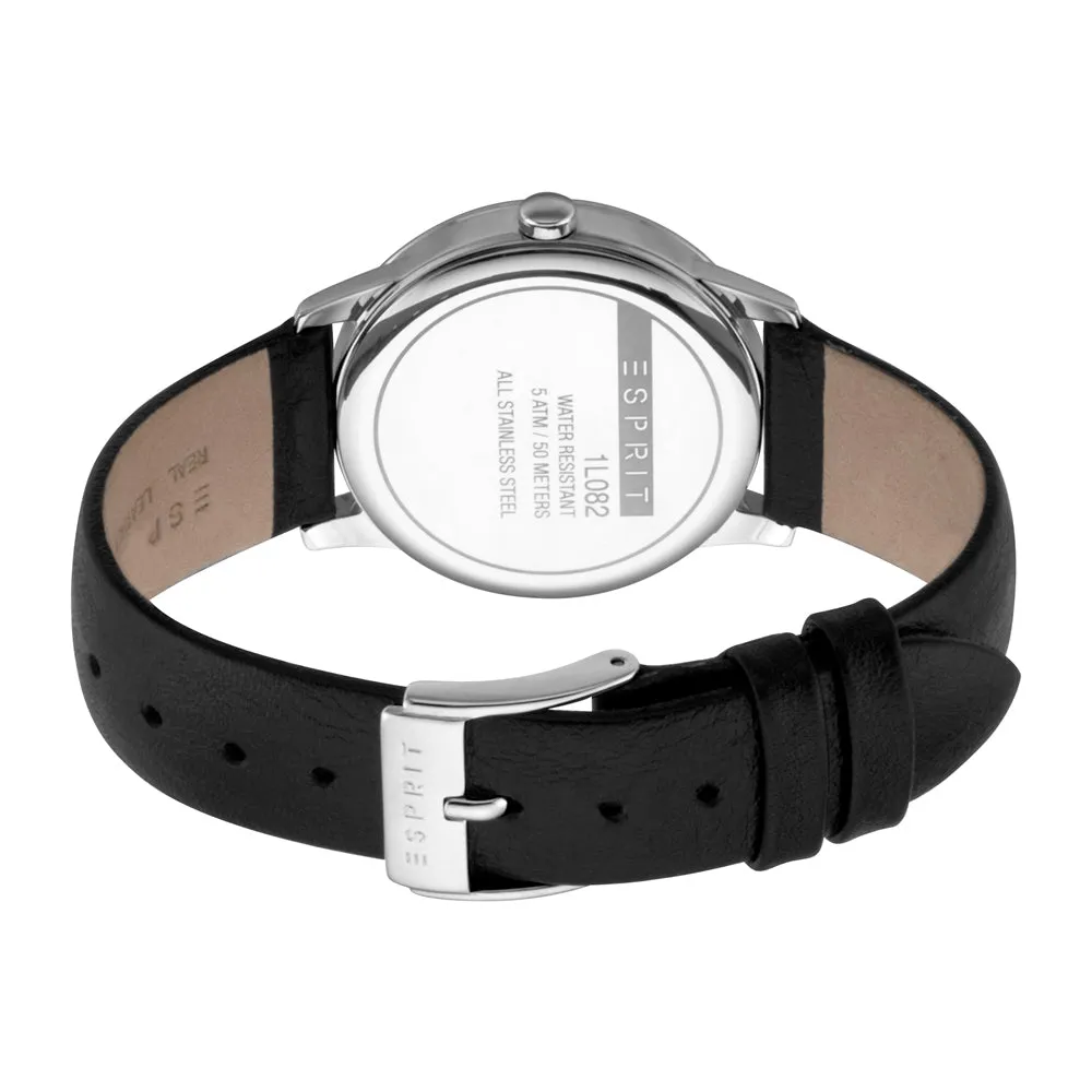 Esprit Ladies Stainless Steel Watch White Dial With Stones & Black Leather Strap