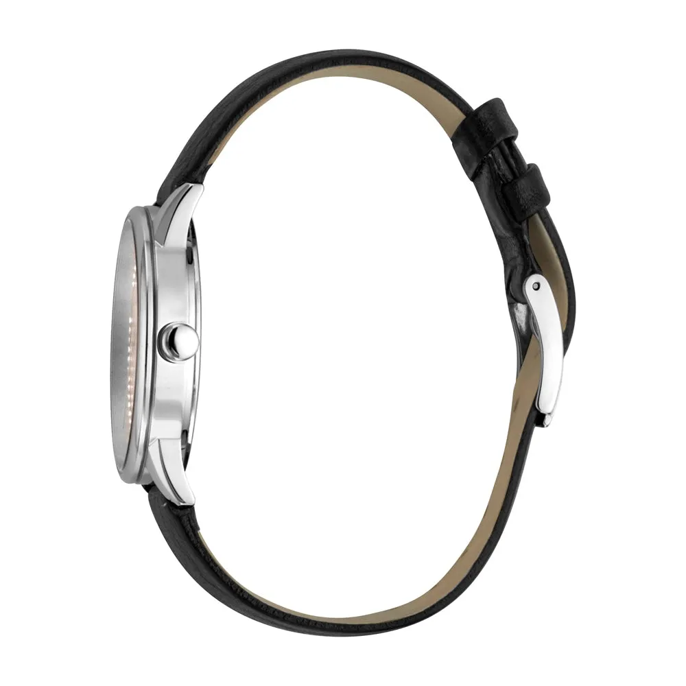 Esprit Ladies Stainless Steel Watch White Dial With Stones & Black Leather Strap