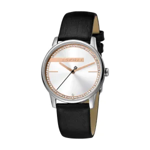 Esprit Ladies Stainless Steel Watch White Dial With Stones & Black Leather Strap
