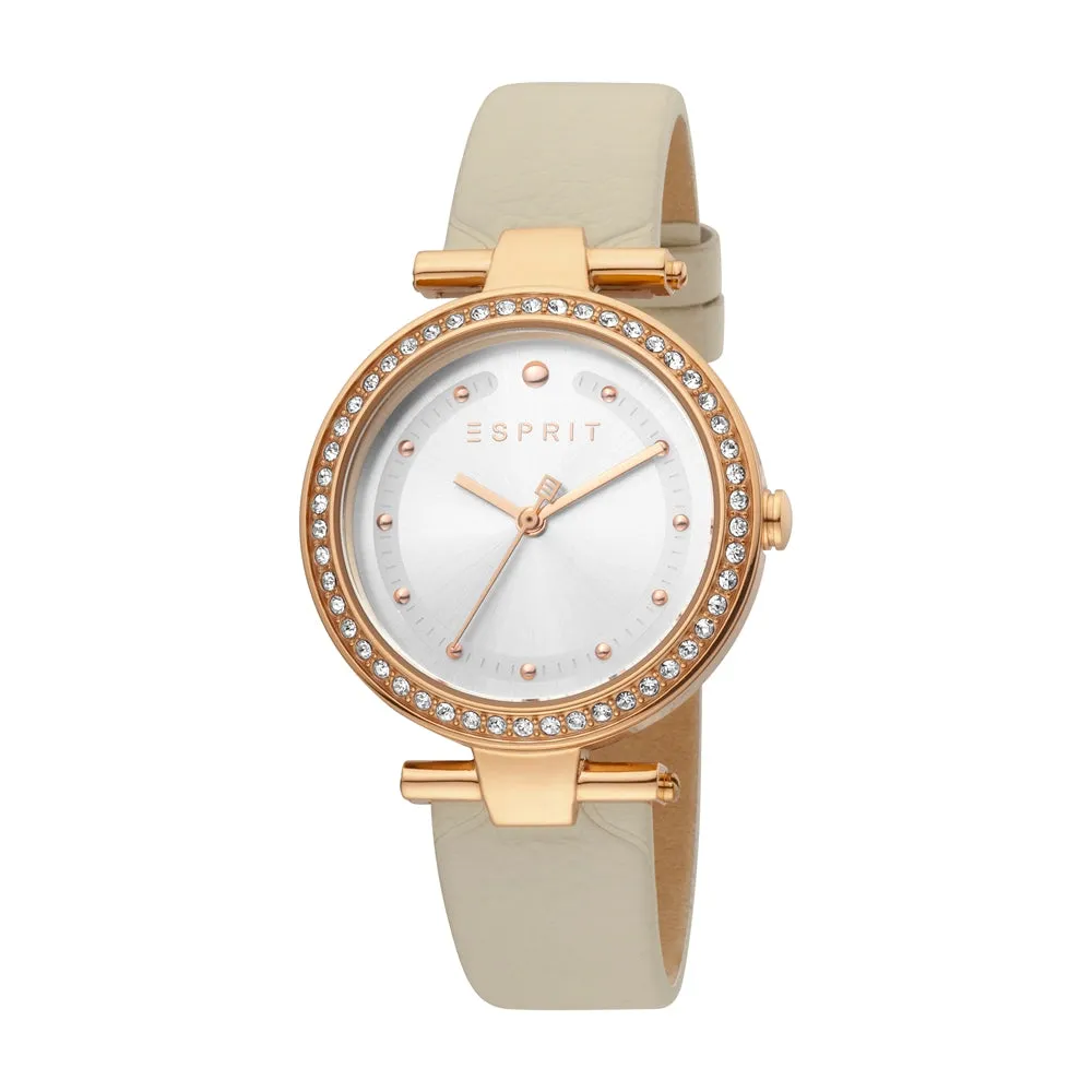 Esprit Ladies Watch Beige Leather Strap Ip Rose Gold Case & White Dial