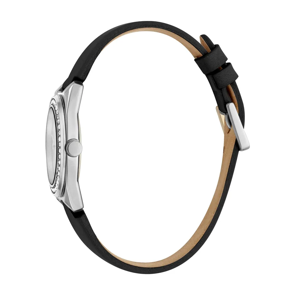 Esprit Ladies Watch Black Leather Strap Silver Color Case & White Dial