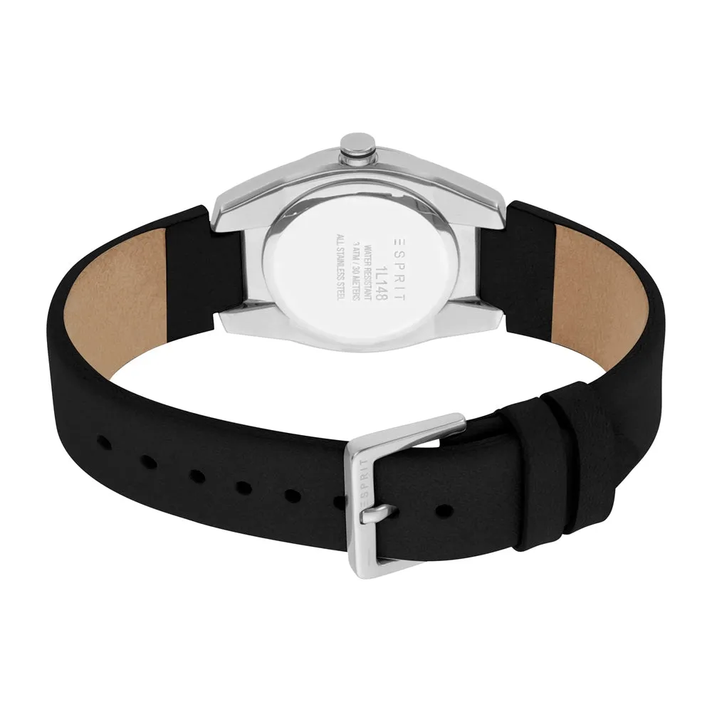 Esprit Ladies Watch Black Leather Strap Silver Color Case & White Dial
