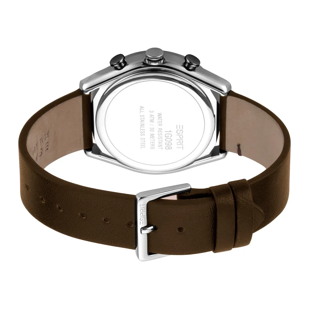Esprit Men's Chronograph Watch Brown Leather & White Dial With Date
