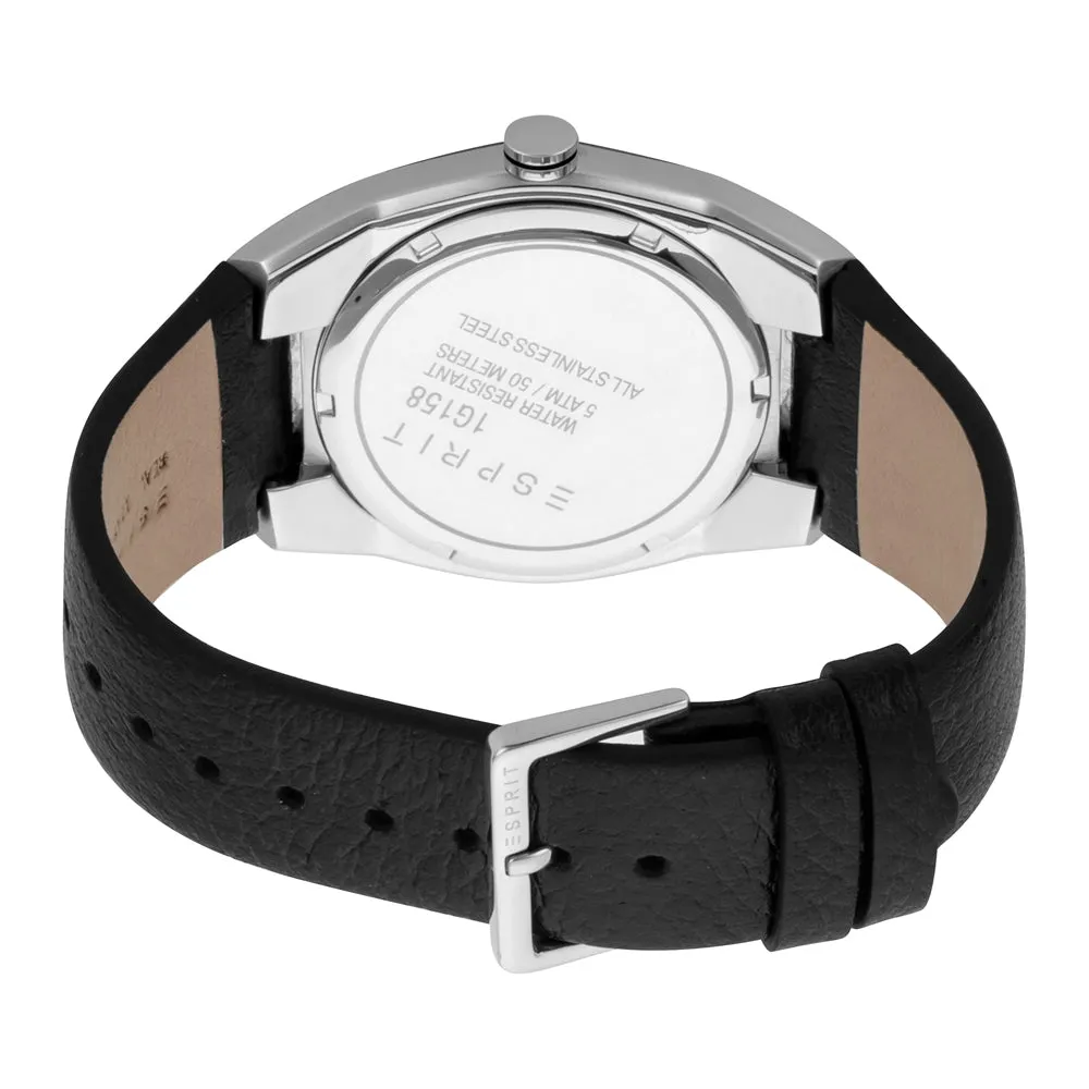 Esprit Men's Stainless Steel Day Date Watch WithÂ Black Leather Strap & White Dial