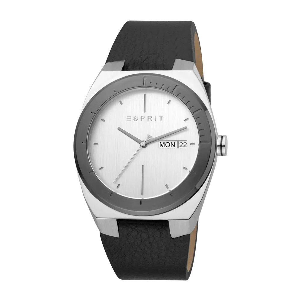 Esprit Men's Stainless Steel Day Date Watch WithÂ Black Leather Strap & White Dial