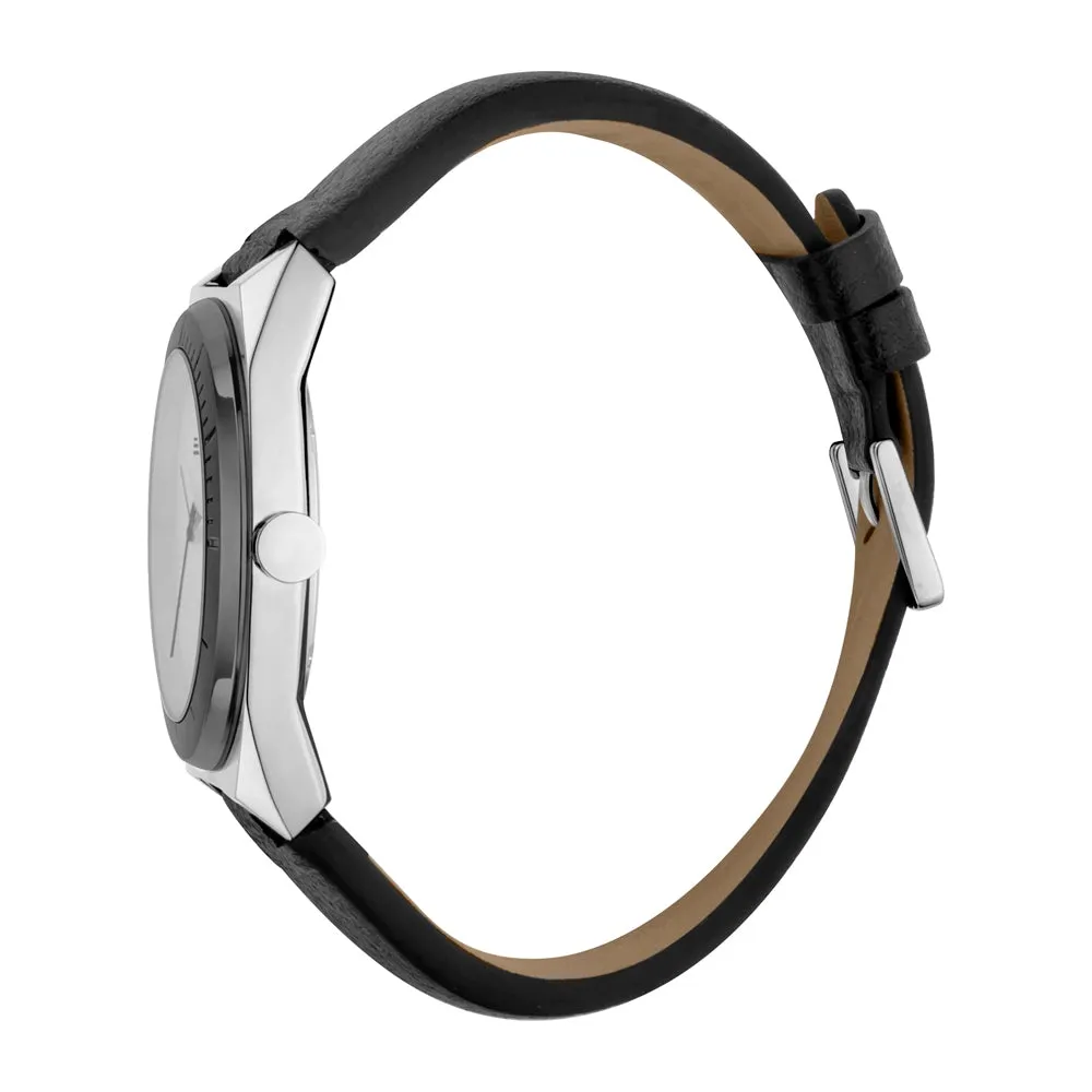 Esprit Men's Stainless Steel Day Date Watch WithÂ Black Leather Strap & White Dial