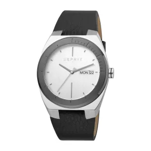 Esprit Men's Stainless Steel Day Date Watch WithÂ Black Leather Strap & White Dial