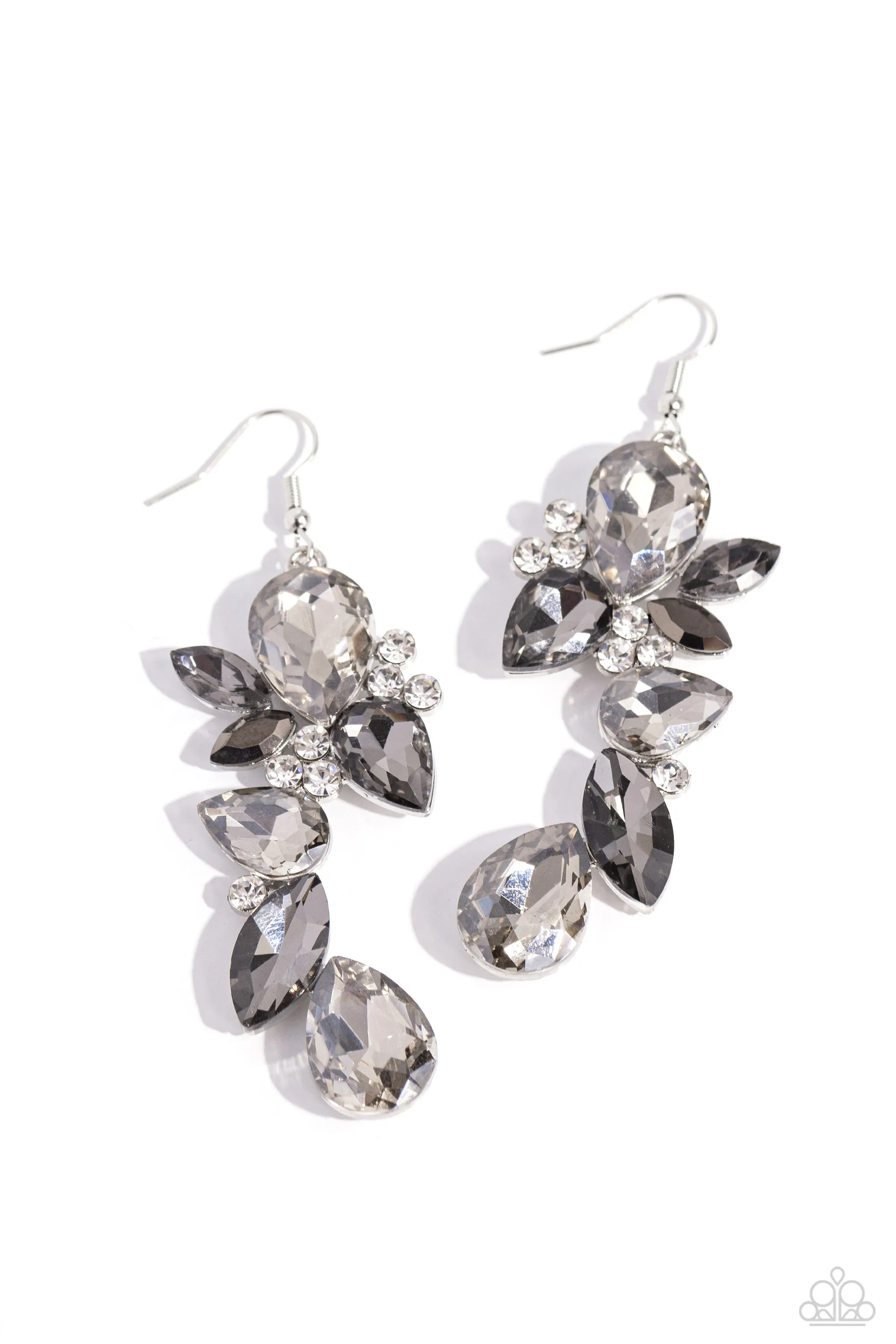 Fancy Flaunter - Silver - Marquise Cut and Teardrop Hematite Rhinestone Paparazzi Fishhook Earrings