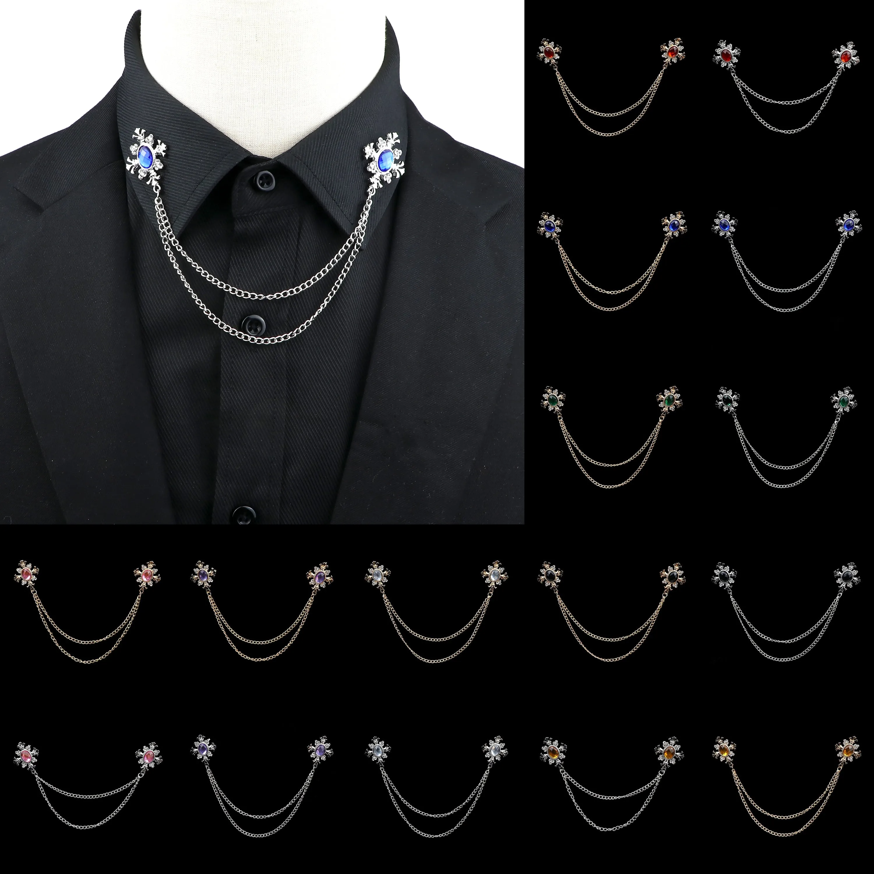 FASHION GENTLEMAN TASSEL BROOCH FOR MEN SUIT SHIRT COLLAR CRYSTAL CROSS CHAIN LAPEL PIN RHINESTONE RETRO WEDDING ACCESSORIES