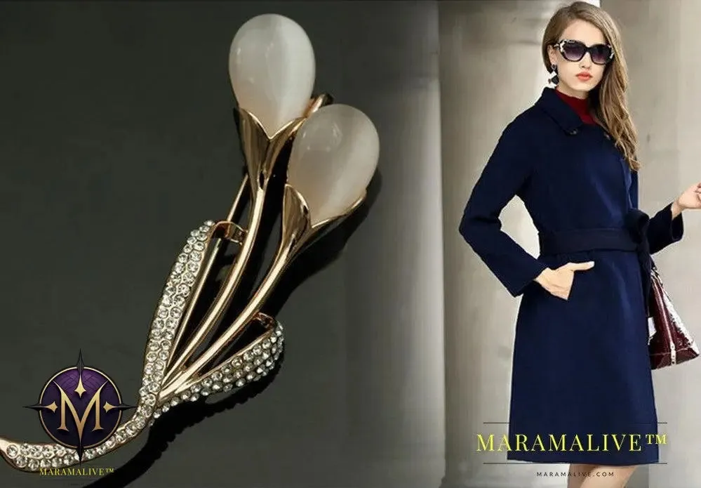 Fashion Opal Stone Tulip Brooch Pin Elegant Jewelry Flower Brooches Rhinestone