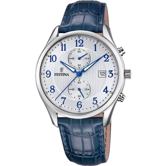 Festina Timeless Chronograph Gents White Dial Blue Leather Strap Watch