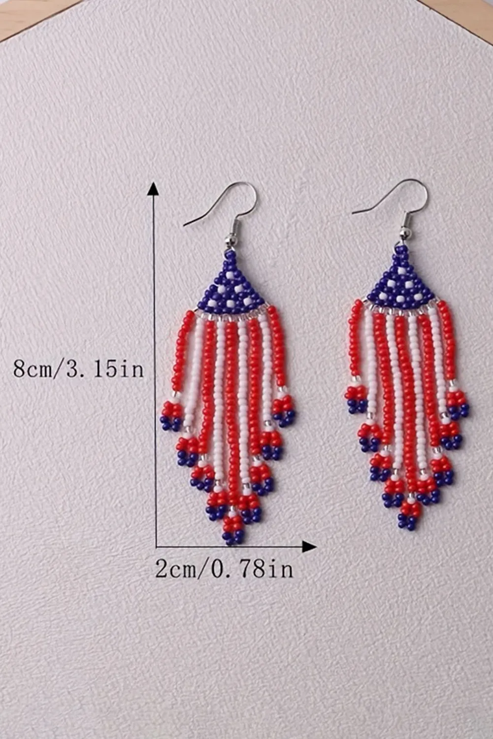 Fiery Red American Flag Beaded Fringed Hook Earrings
