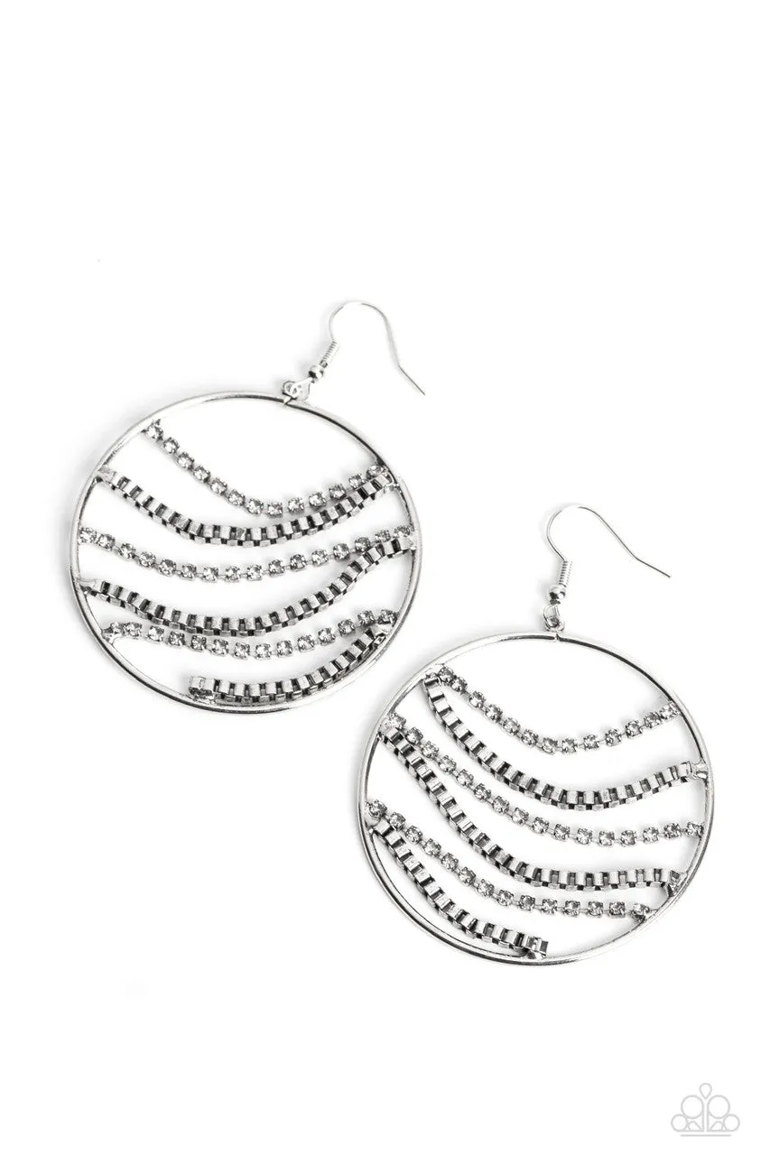 Fighting Fortune - White - Rhinestone Silver Chain Paparazzi Hoop Fishhook Earrings