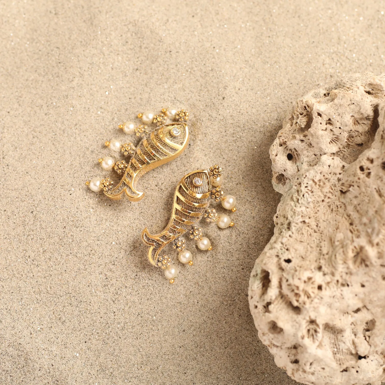 Fish and Pearl Oxidized Statement Earrings