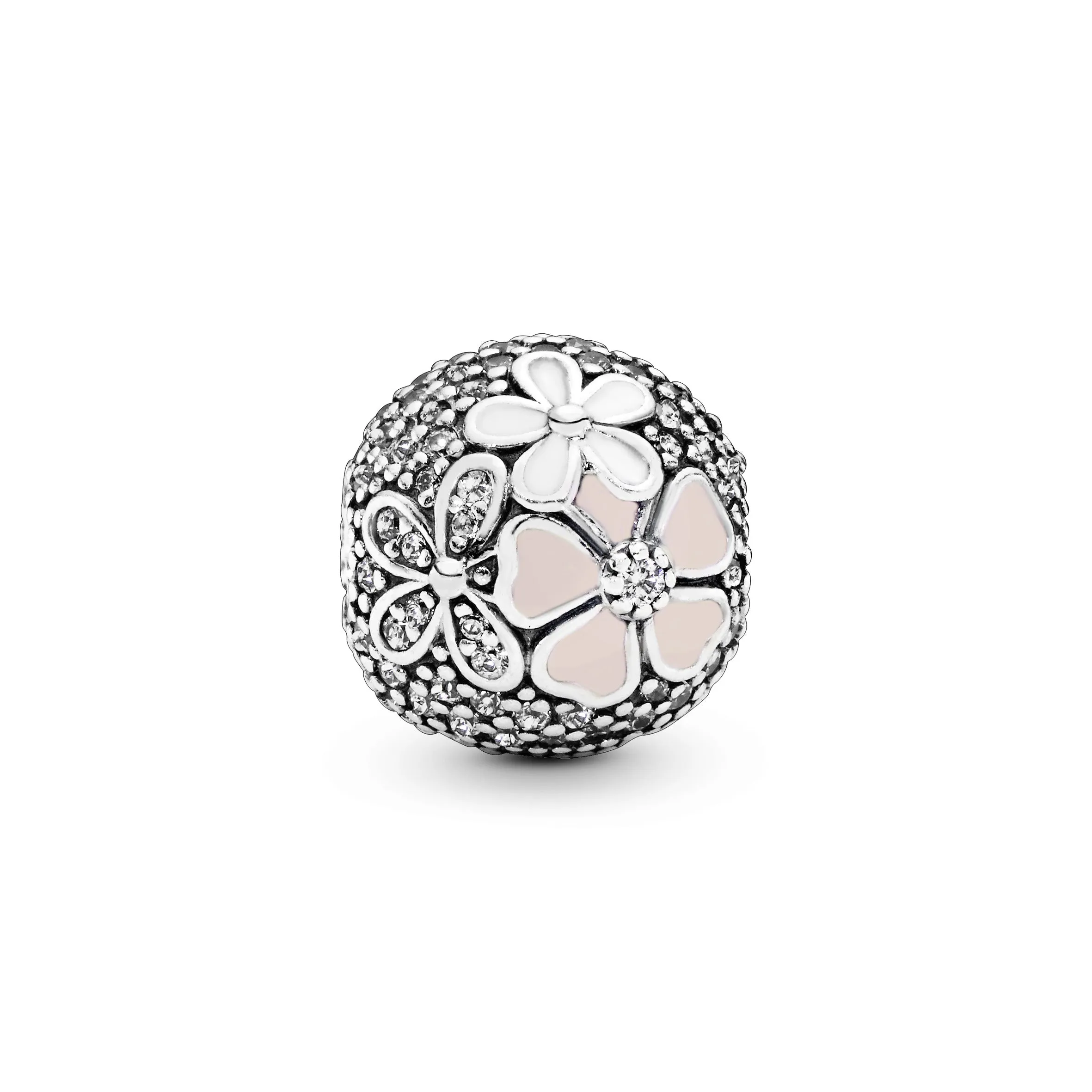 Floral silver clip with clear cubic zirconia, white and pink enamel