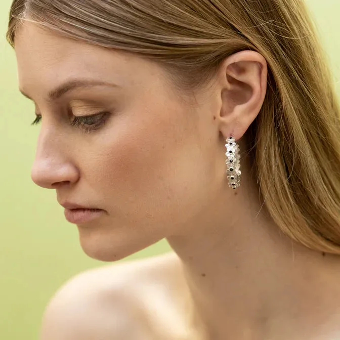 Flower Hoops with Black Spinel - Medium - Sterling Silver