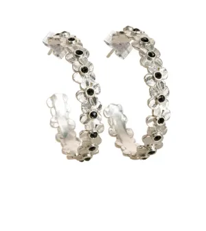 Flower Hoops with Black Spinel - Medium - Sterling Silver