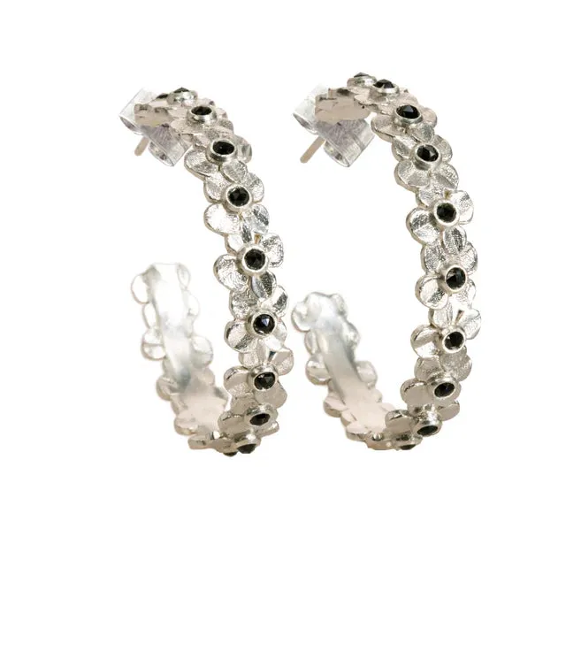 Flower Hoops with Black Spinel - Medium - Sterling Silver