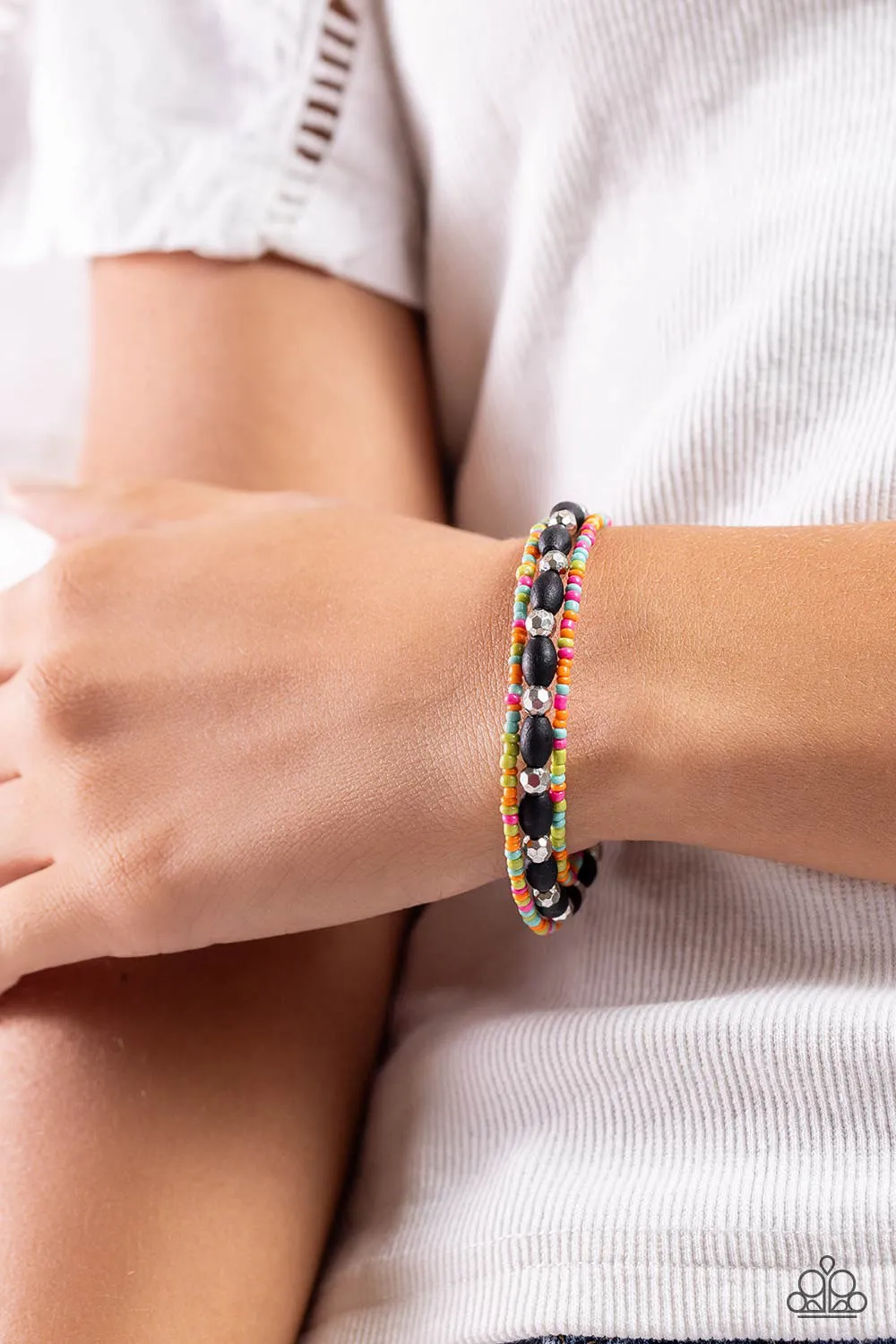 For WOOD Measure - Black - Wooden Bead and Colorful Seed Bead Paparazzi Coil Bracelet