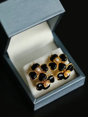 Four-leaf Clover Black Agate Double Flower Earrings