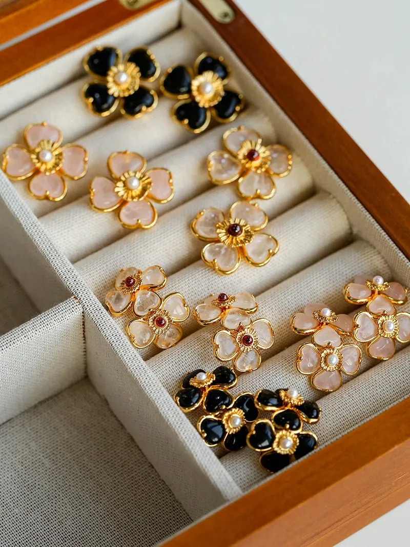 Four-leaf Clover Black Agate Double Flower Earrings