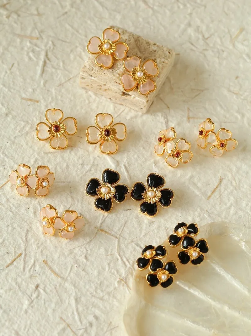 Four-leaf Clover Black Agate Double Flower Earrings