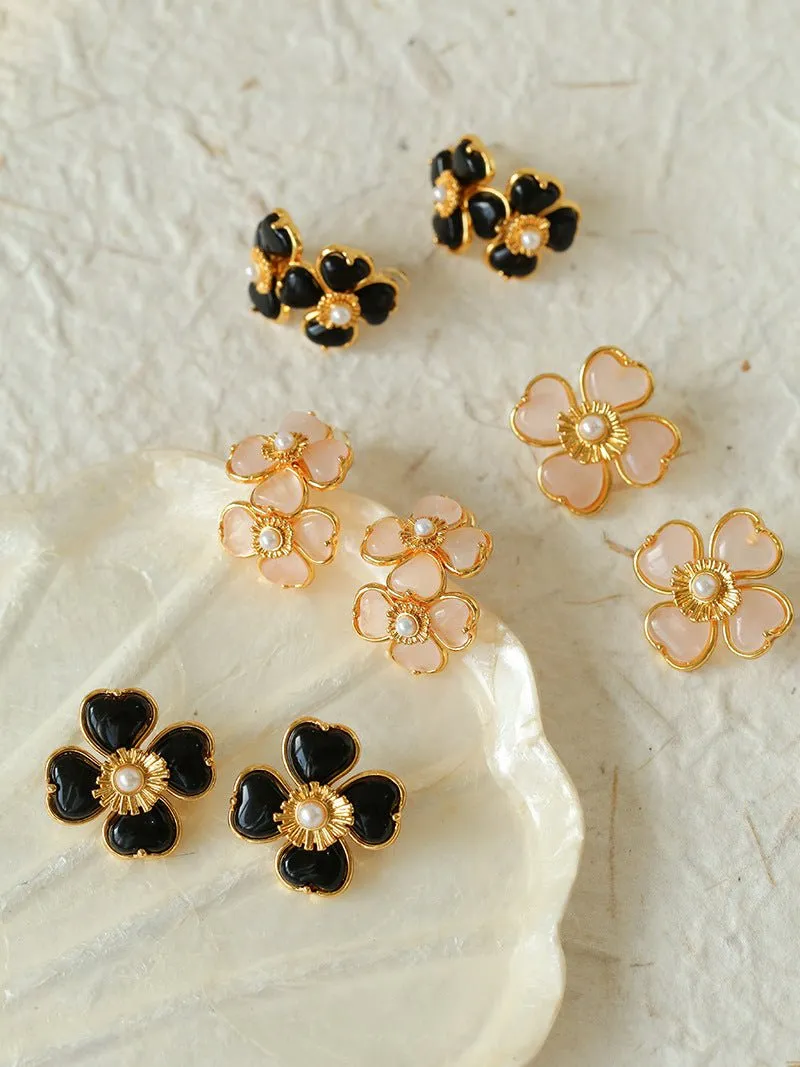 Four-leaf Clover Black Agate Double Flower Earrings