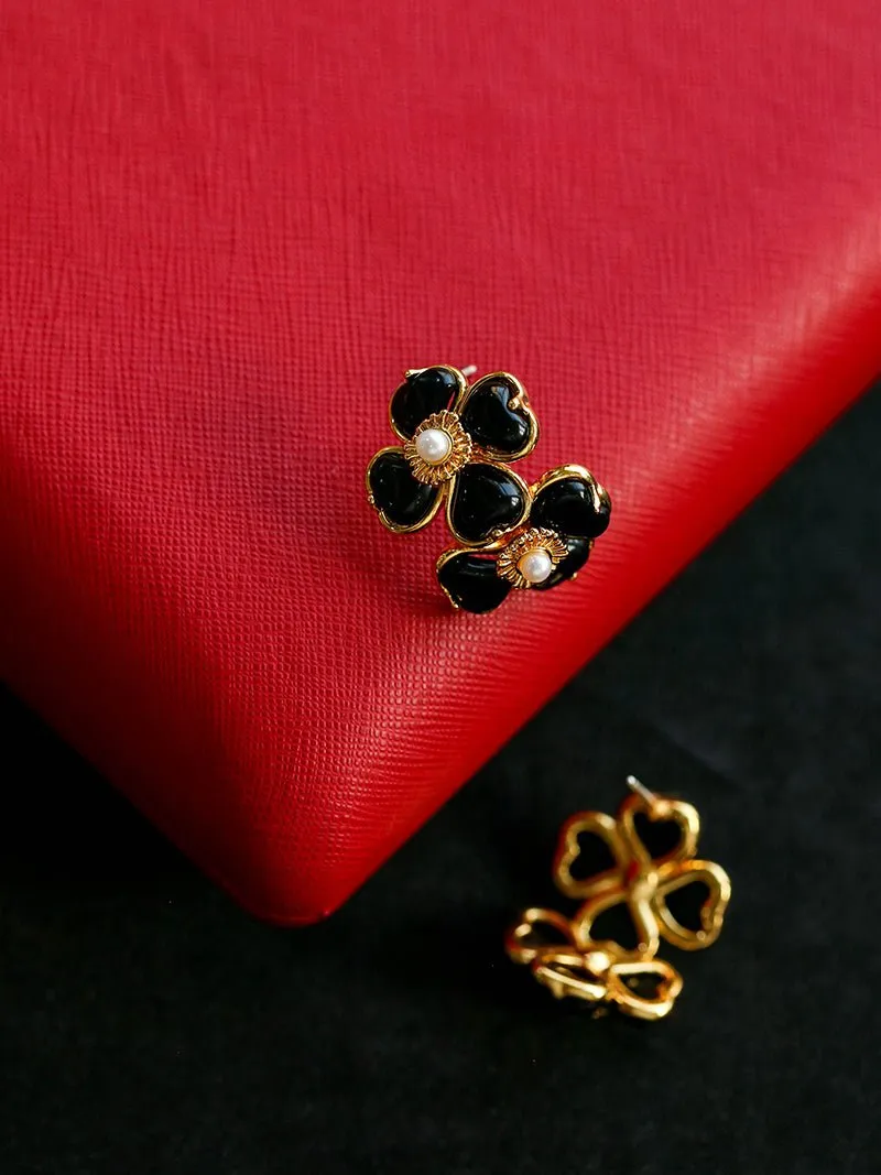 Four-leaf Clover Black Agate Double Flower Earrings
