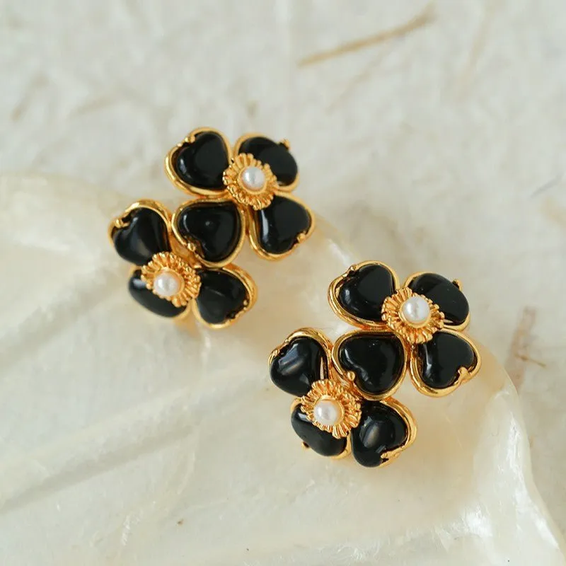Four-leaf Clover Black Agate Double Flower Earrings