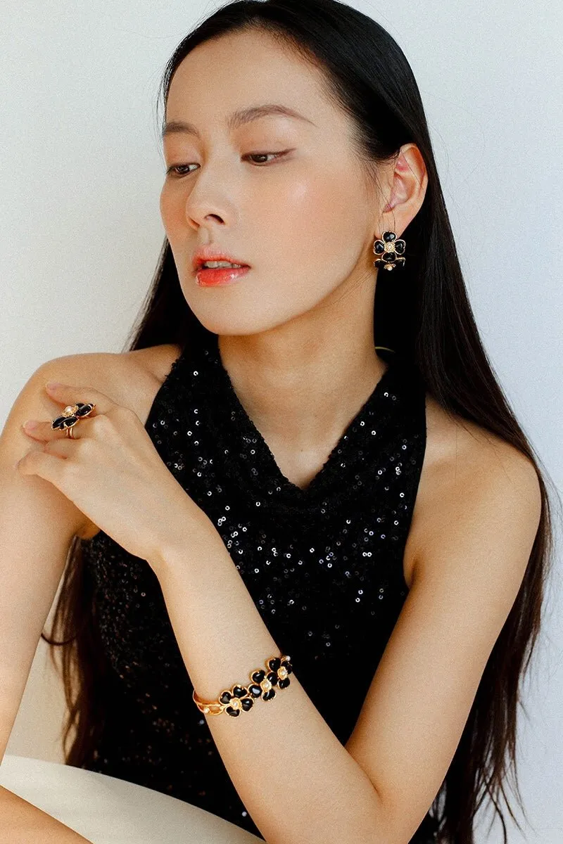 Four-leaf Clover Black Agate Double Flower Earrings