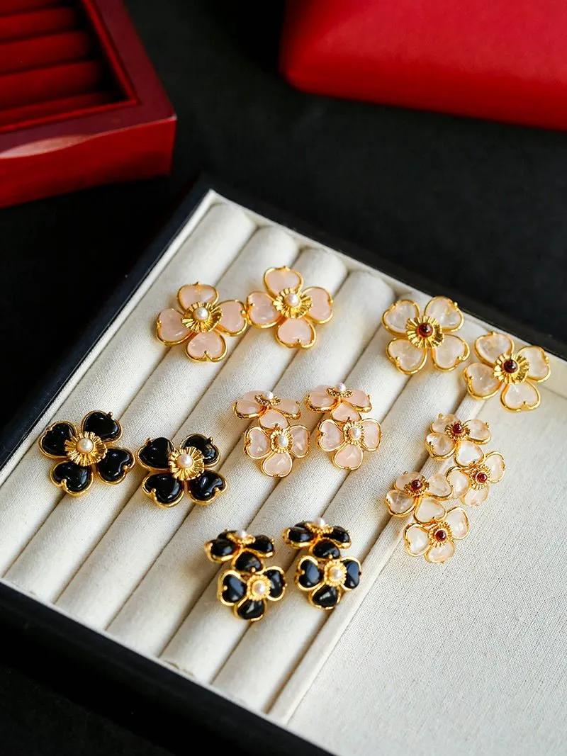 Four-leaf Clover Black Agate Double Flower Earrings