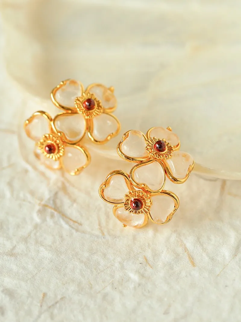 Four-leaf Clover White Crystal Double Flower Stud Earrings