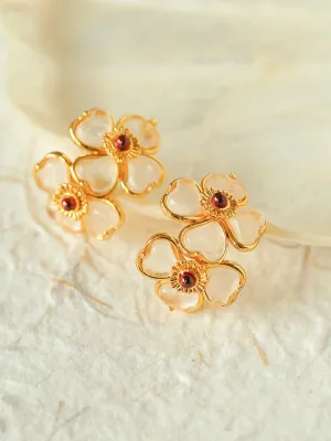 Four-leaf Clover White Crystal Double Flower Stud Earrings
