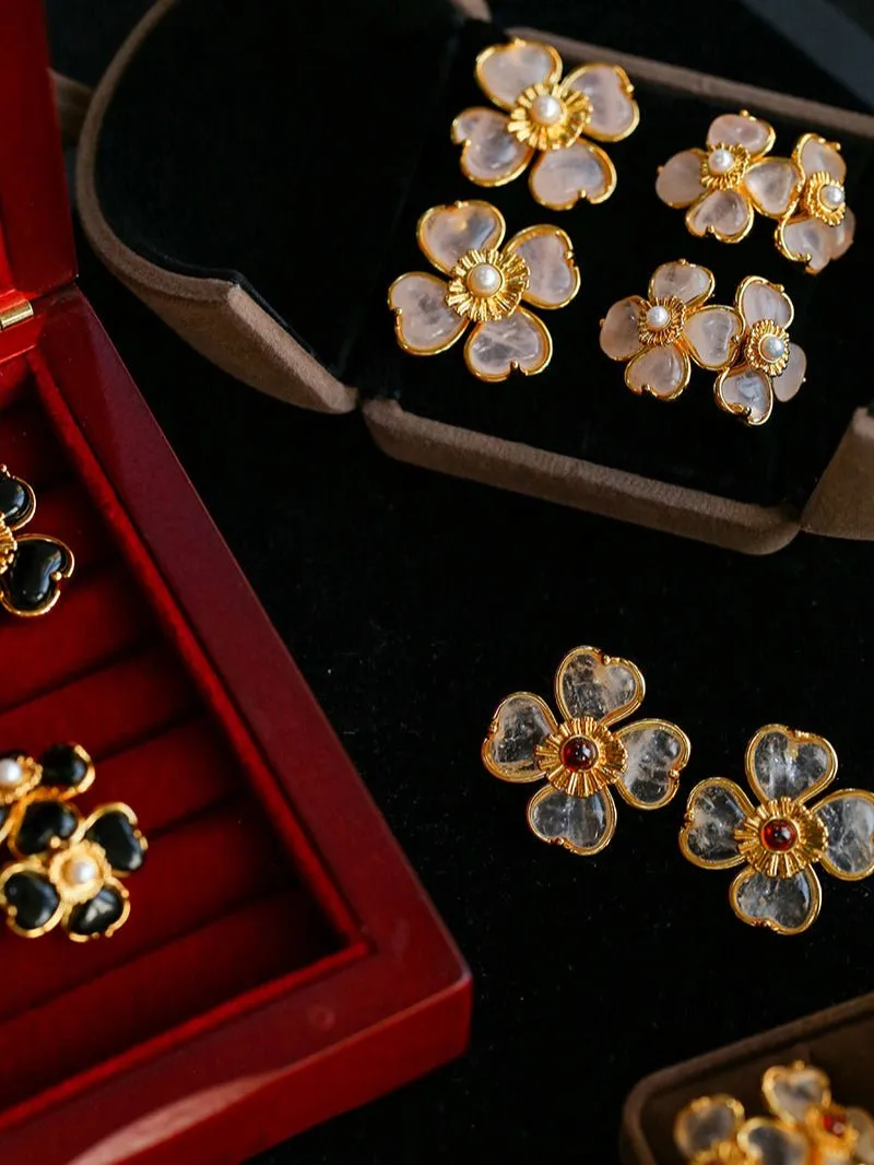 Four-leaf Clover White Crystal Double Flower Stud Earrings