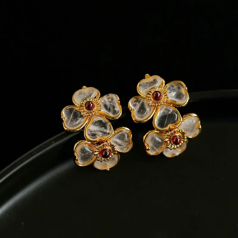 Four-leaf Clover White Crystal Double Flower Stud Earrings