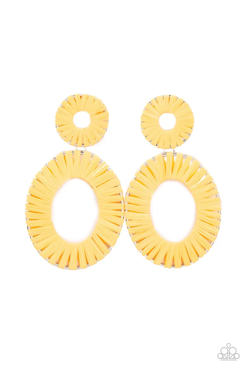 Foxy Flamenco - Yellow - Wrapped Oversized Oval Fram Paparazzi Post Earrings