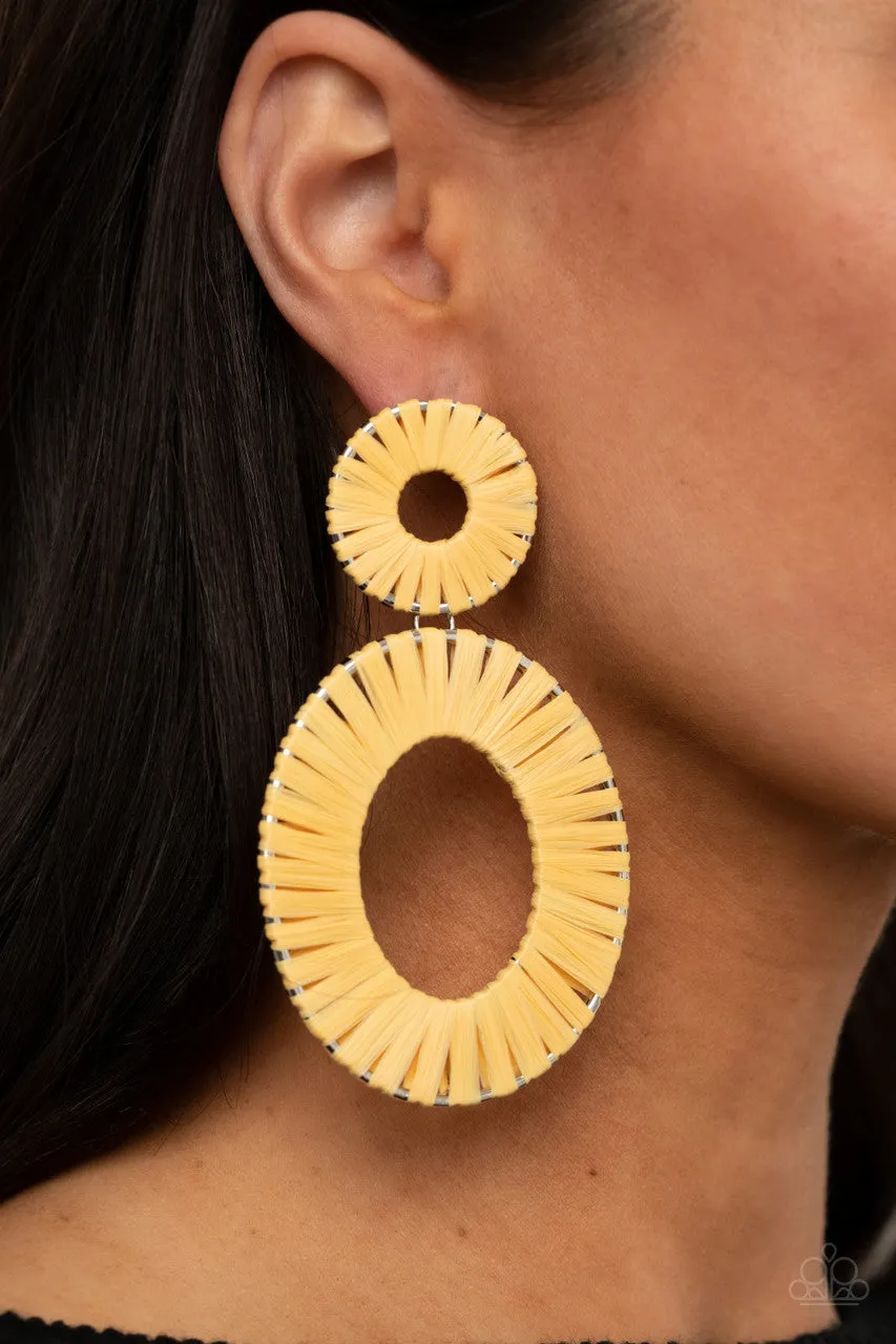 Foxy Flamenco - Yellow - Wrapped Oversized Oval Fram Paparazzi Post Earrings