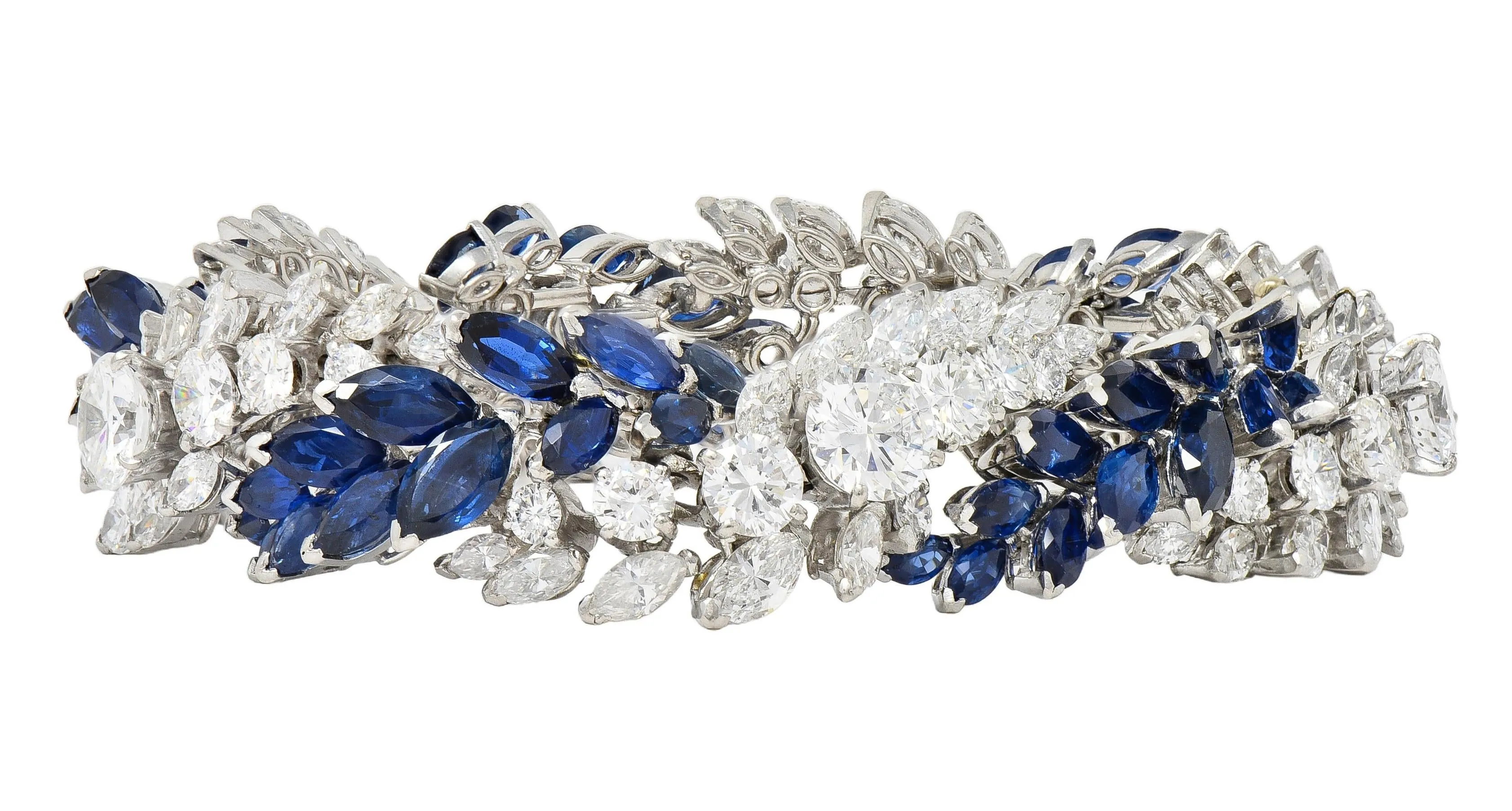 French Mid-Century 51.70 CTW Marquise Sapphire Diamond Platinum Vintage Twist Bracelet